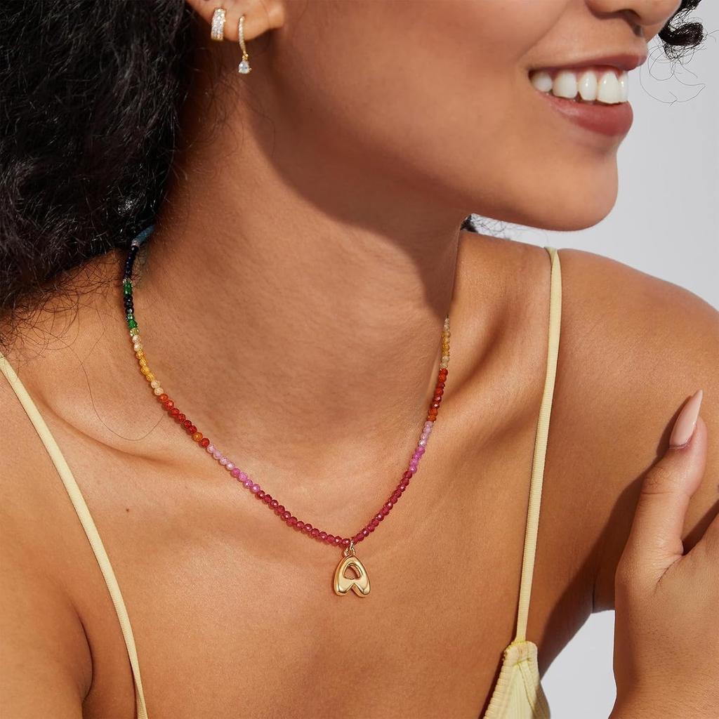 Boho Beaded Initial Necklace for Women, 14K Gold Plated Letter Pendant Rainbow Gemstone Choker Colorful Summer Beach Jewelry