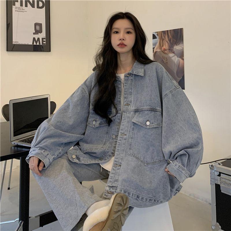 Джинсовая куртка женская большого размера осенняя ретро-стиль BF с принтом букв, свободный топ с длинными рукавами