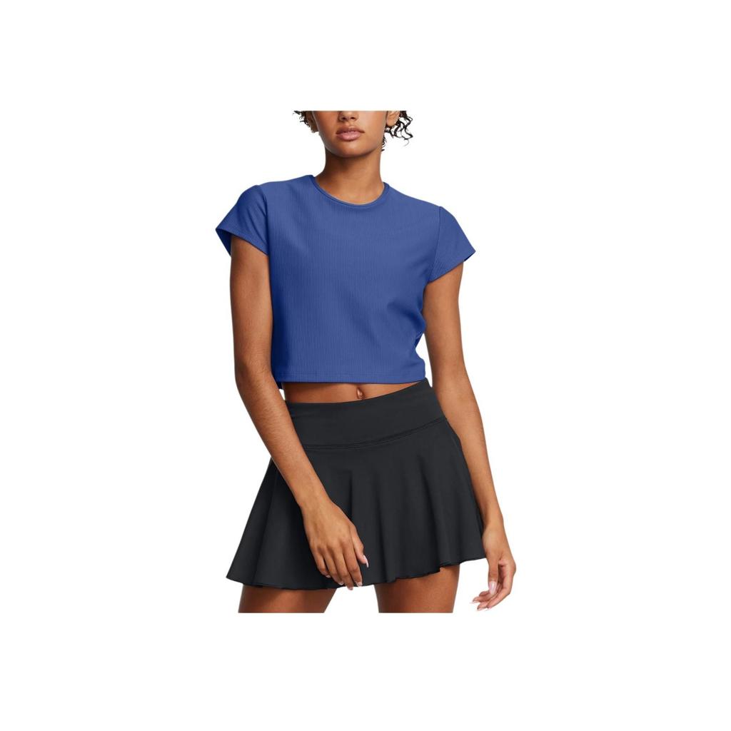 Under Armour Meridian Rib Round Neck Casual Solid Color Breathable Short Sleeve T-Shirt Women Tops Tech-Blue 1386615-432