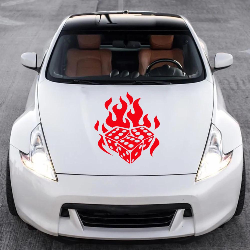 Car Engine Hood Sticker Flame Dice Graphic Vinyl Decal For Auto Vans Trucks SUV Self-Adhesive Auto Body Window Decor Accessories
