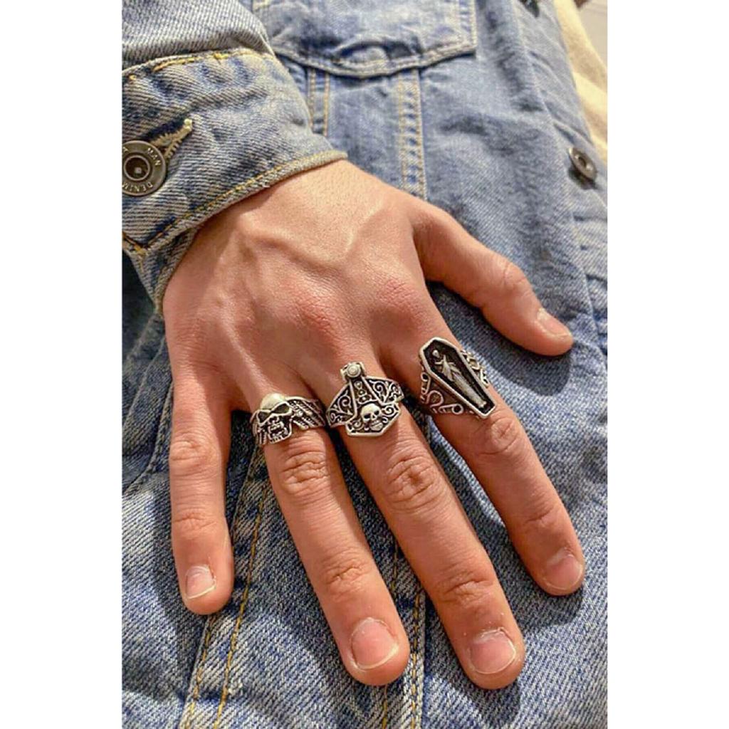 Набор из 3 посеребренных регулируемых колец в виде гроба викингов с черепом