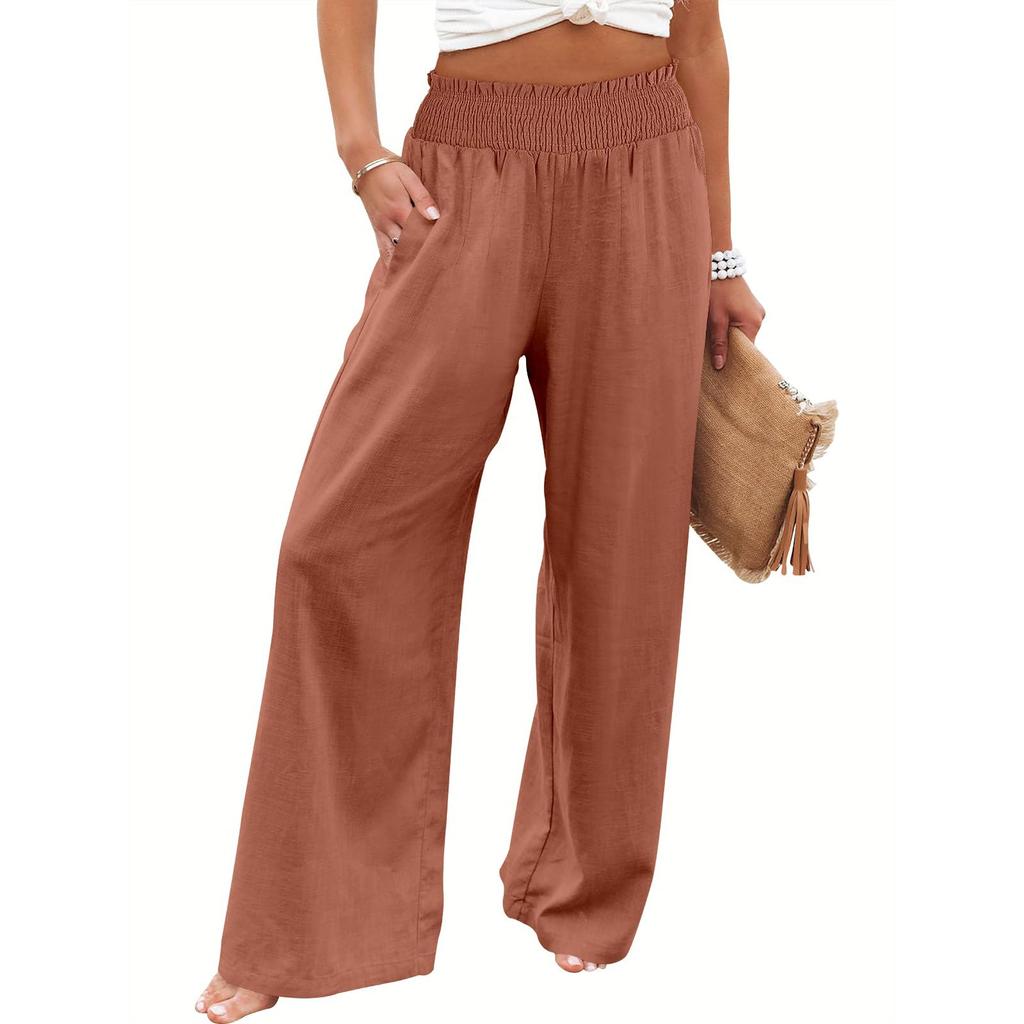 Summer Cotton Linen Wide Leg Pants Women Loose Palazzo Pant Pocket Elastic Waist Casual Pants
