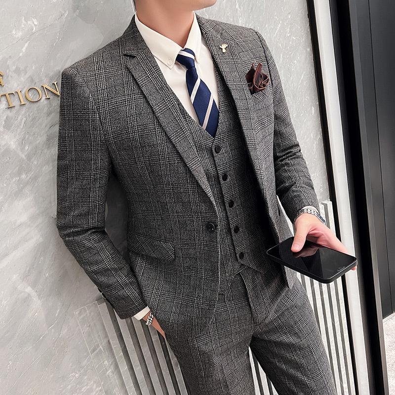 Британские корейские мужчины в клетку (костюм + Жилет + Брюки) Стильный и красивый деловой повседневный костюм-тройка