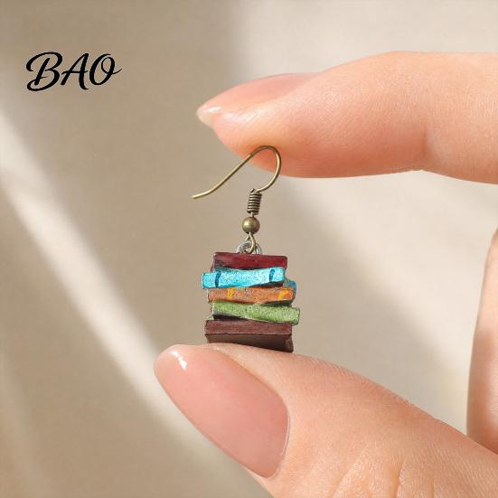 Handmade Resin Earrings 1 Pair Women Earrings, Retro Mini Stacked Book Design Hook Lightweight Literary Drop for Jewelry Gift