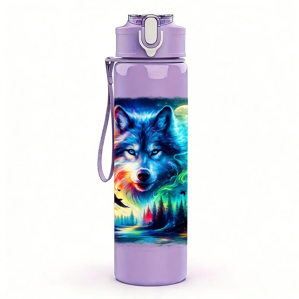 1PC Glowing Galaxy Wolf Head Print 750ml Color Plastic Sports Water Bottle Leakproof Flip Straw Lid Suitable for Sports Office Home Use