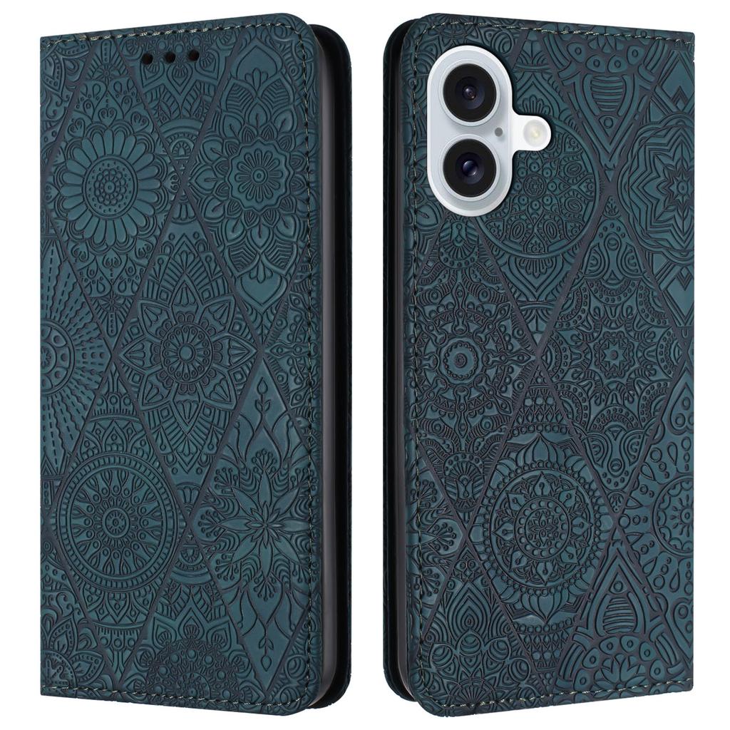 For iPhone 16 Case Imprinted Flower Wallet Stand Leather Phone Cover - Black