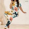 Women Plus Size White Floral Printed Two Piece Set Round Neck Short Sleeve Side Split Top And Long Pants