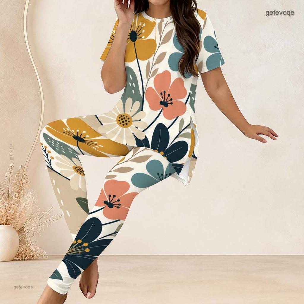 Women Plus Size White Floral Printed Two Piece Set Round Neck Short Sleeve Side Split Top And Long Pants