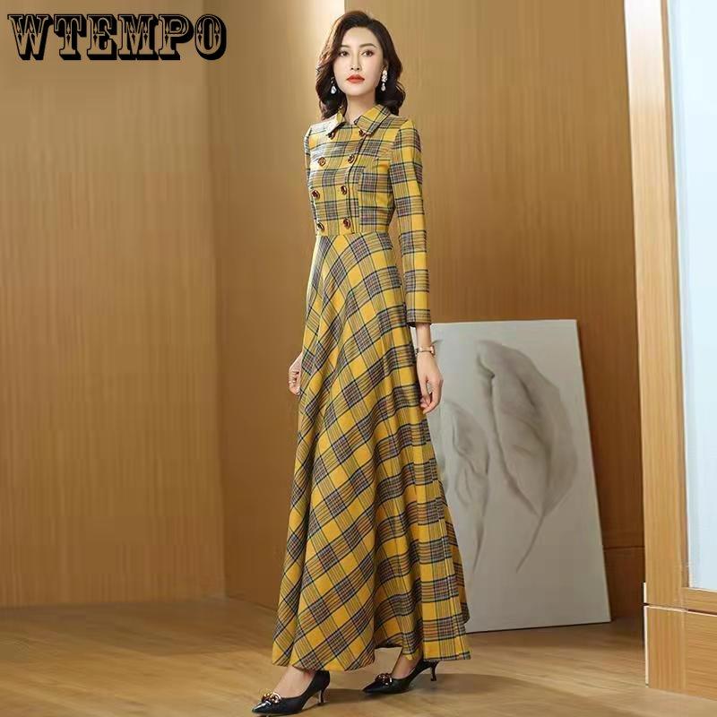 Модное желтое клетчатое ретро двубортное платье с воротником-стойкой, облегающее, темпераментное, большие, длинные платья