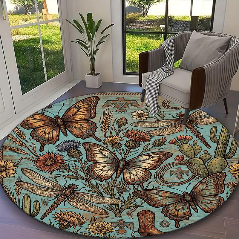 1pc Rustic Brown Butterfly Printed Chair Rug for Home Office Use, Living Room Kitchen Game Room Round Carpet
