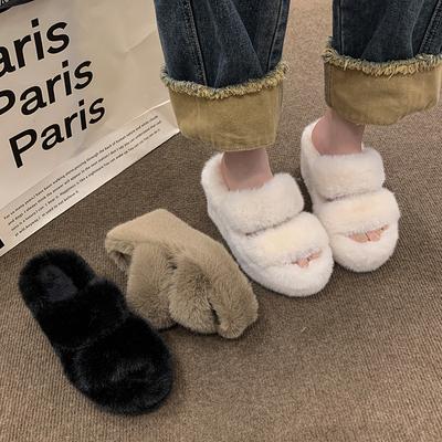 Женские утепленные плюшевые меховые тапочки, зимние мокасины на толстой платформе, мюли на танкетке, женские хлопковые тапочки на толстой подошве, шлепанцы