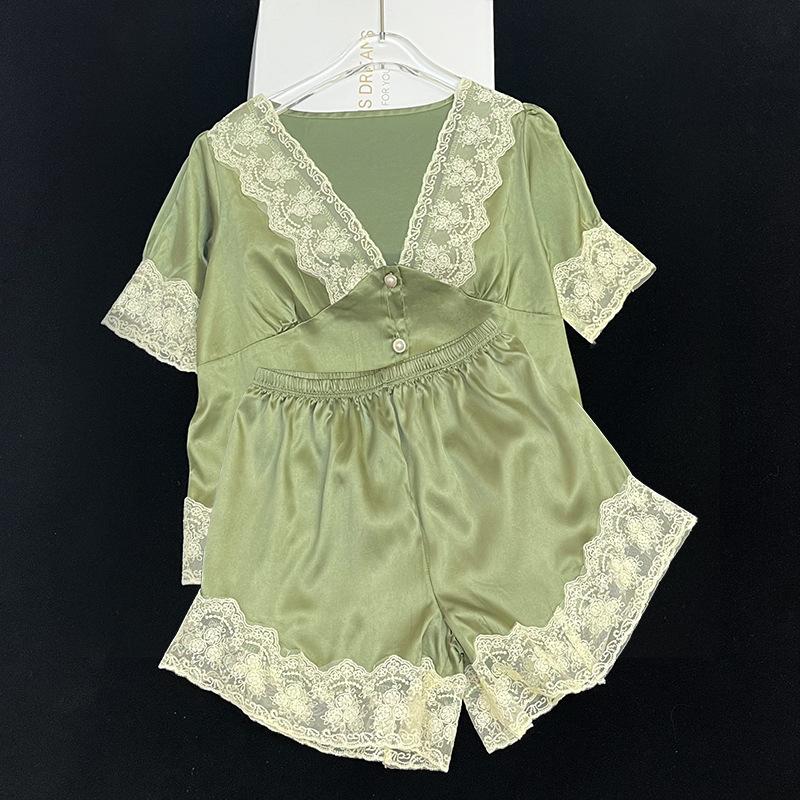 Solid Color Ice Silk Pajamas Women'S Summer Thin Foreign Style High-Value Short-Sleeved Loungewear Two-Piece Set Can Be Worn Outside