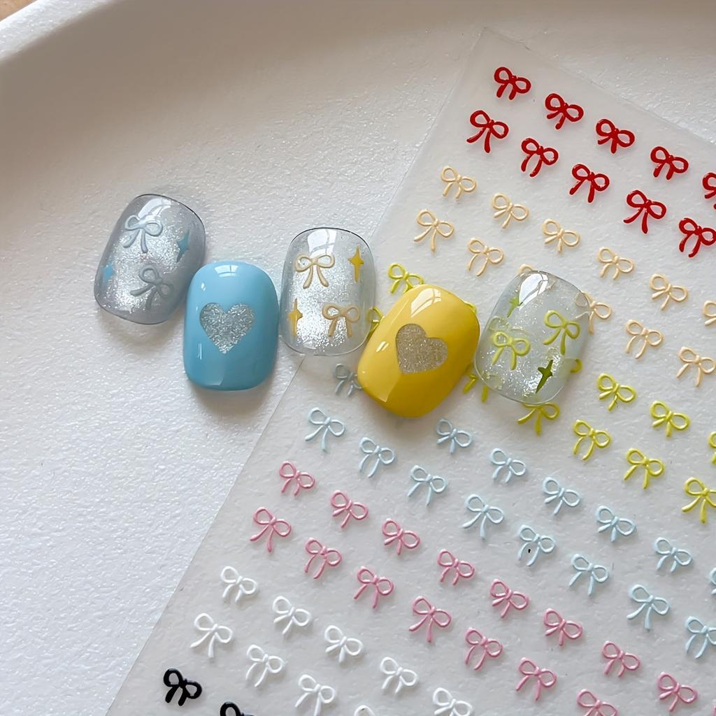 1pc Embossed Colorful Bow Nail Stickers, Multicolor Simple Decoration Decals for DIY Nails Small Bow Patterns