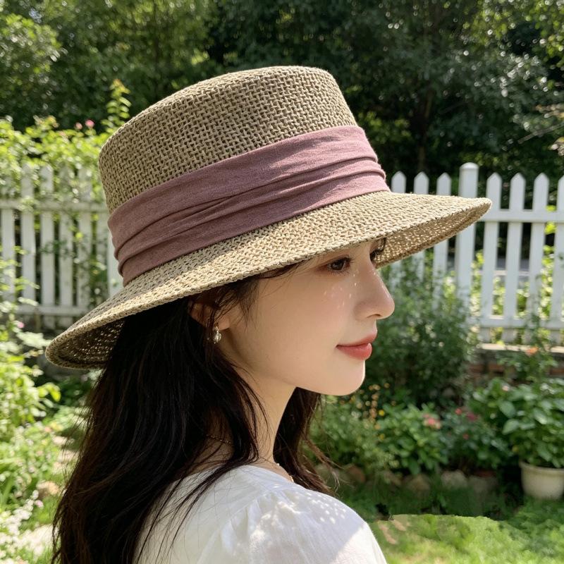 Small fresh flat top sunscreen top hat summer beach sun hat Internet celebrity candy color wide webbing imitation salted grass