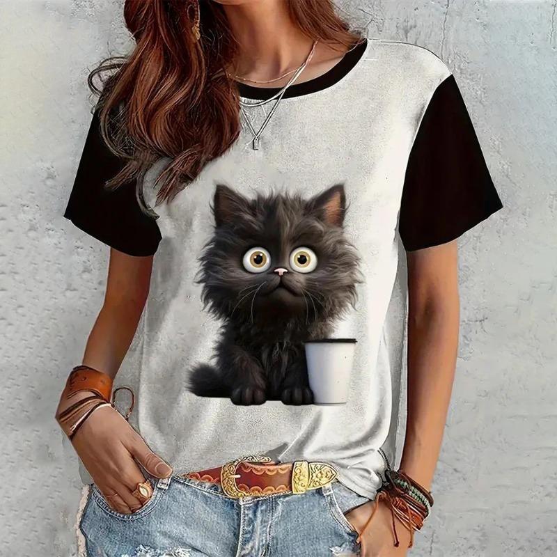 Summer Women's T Shirt Casual Short Sleeve 3d Cat Print T Shirts Fashion Streetwear Crew Neck Pullover Oversized Female Clothing