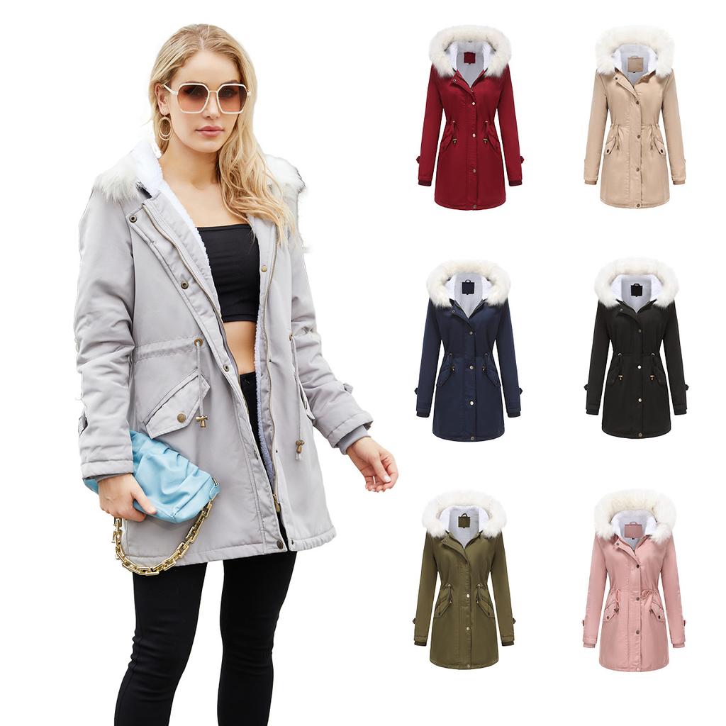Jackets for Women Fleece Autumn and Winter Removable Hair Collar Women's Pie Over Long-sleeved Hooded Cotton Coat Velvet Coat Cotton Clothing Women