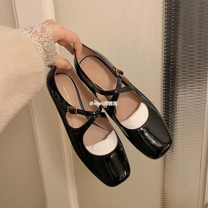 Cowhide Version~ The Same Square Head Flat Bottom Mary Jane Single Shoes Women's Cross Buckle with Shallow Mouth Banquet Shoes Wedding Shoes