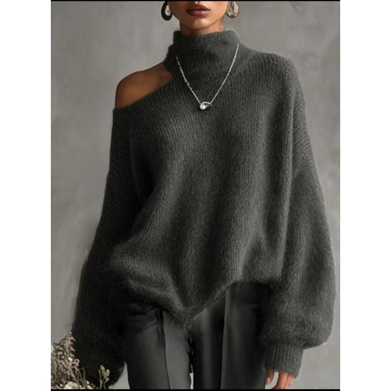 Womens Oversized Turtleneck Knit Sweater Loose Fit Shoulder-Exposing Pullover Winter 2026