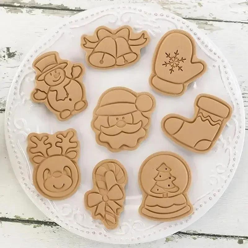 8pcs/set Cartoon Plastic Baking Mold Christmas Cookie Cutter Fudge Chocolate Cake Dessert Baking Decoration Tool Cake Mold
