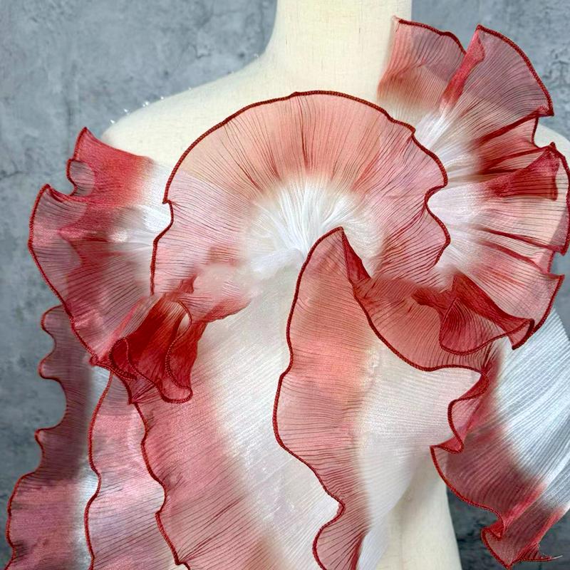 1PC Organza Lace Wedding Fashion Gradient Color Large Wavy Pleated Ruffles Dress Sewing