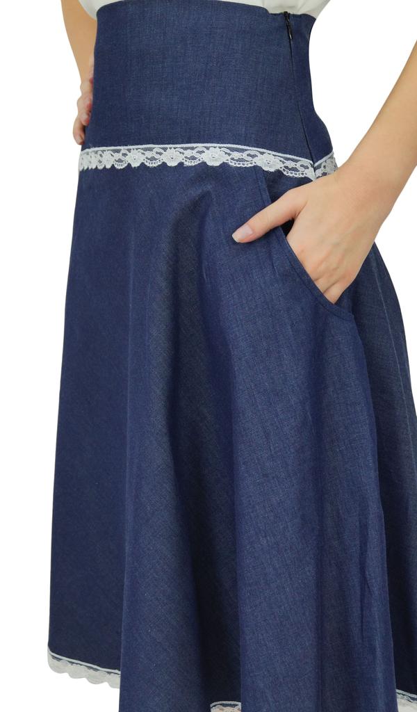 Bimba Женская джинсовая юбка длиной до колена с кружевной отделкой, повседневная, шикарная, А-силуэт