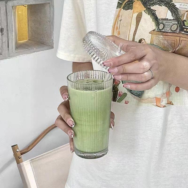 Кружки для кофе Молочная чашка Стеклянная кружка в полоску со straw Питьевая кружка Стакан для сока Стеклянный материал для любого случая