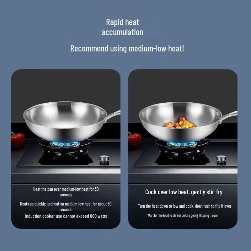 MAXCOOK 30cm 304 Stainless Steel Stir-fry Wok