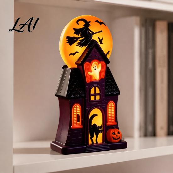 Vintage Style Blow Molded Decor Halloween Haunted House Mold Light Pre-Lit Mansion with Glowing Witch Spooky Atmosphere Party Lights Moon Ghost Black