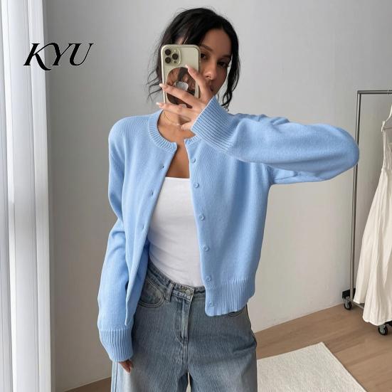 Casual Knitwear Women Round Neck Knit Sweater, Solid Color Button-Up Cardigan for Waist Length Pullover Fall Winter, Long Sleeve Short Top Sweater