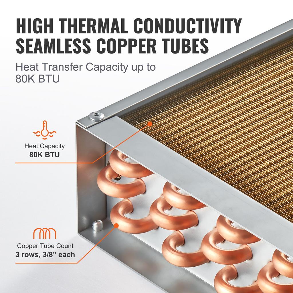 VEVOR 16"x 16"/40.6 x 40.6 cm Heat Exchanger Water to Air 3-Row 3/8"/ 1 cm Copper Ports 193 Fins