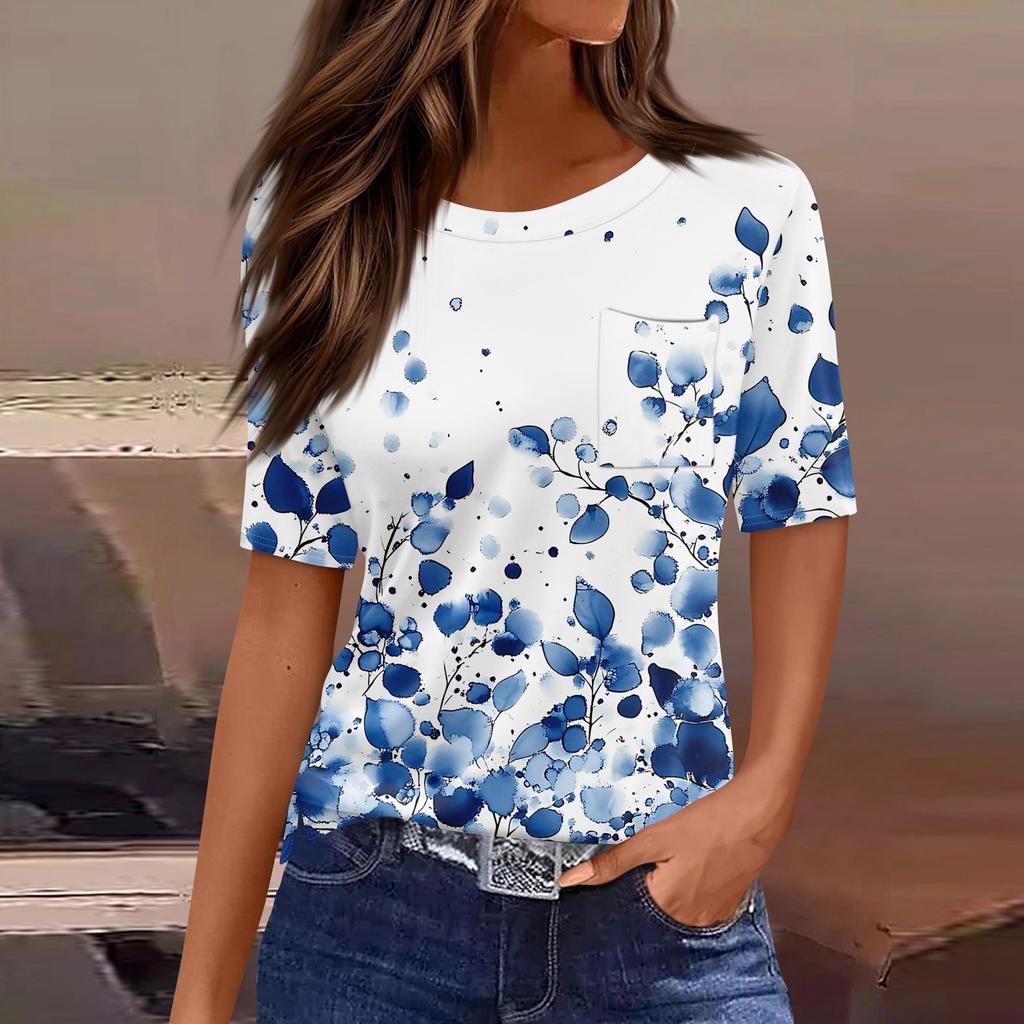 T Shirts For Women Round Neck Dressy Casual Blouses Printing Short Sleeve Summer Tops Loose Fit