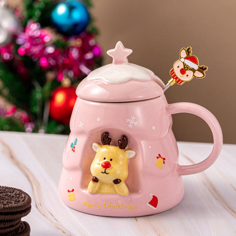 Creative Relief Christmas Tree Ceramic Cup High Looking Mug Cute Cartoon Christmas Cup Gift Christmas Water Cup