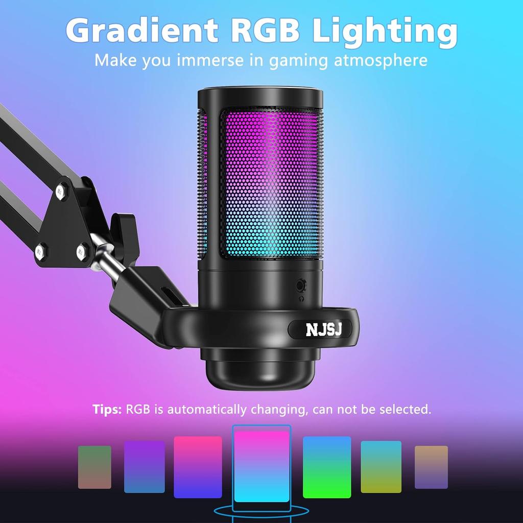 USB Microphone for PC with Boom Arm for Podcast Video, Streaming, Condenser Microphone with Quick Mute, RGB Indicator Light, Shock Absorbing Stand