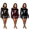 Deposit Slash Shoulder Plush Lapel Leather Dress Long Sleeve Slim Hip Wrap Spice Girls Party Leather Dress