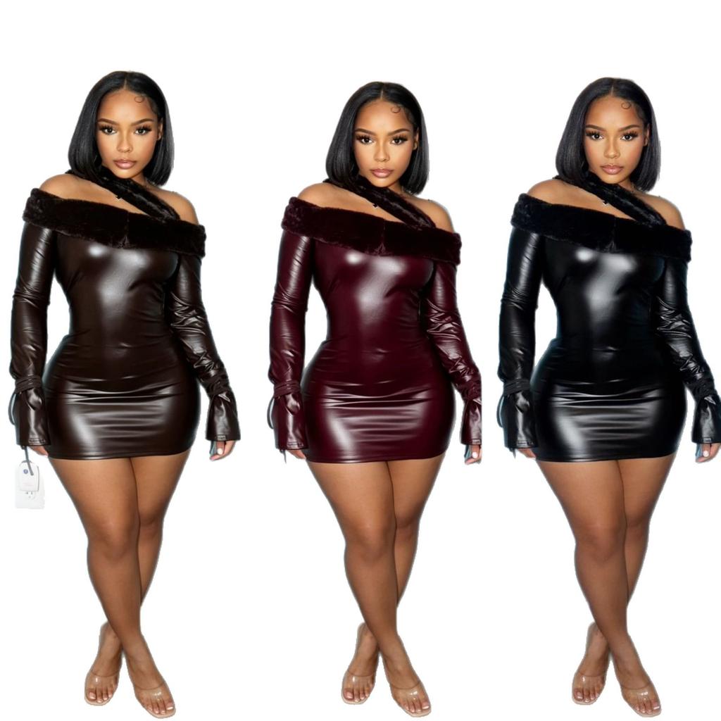Deposit Slash Shoulder Plush Lapel Leather Dress Long Sleeve Slim Hip Wrap Spice Girls Party Leather Dress