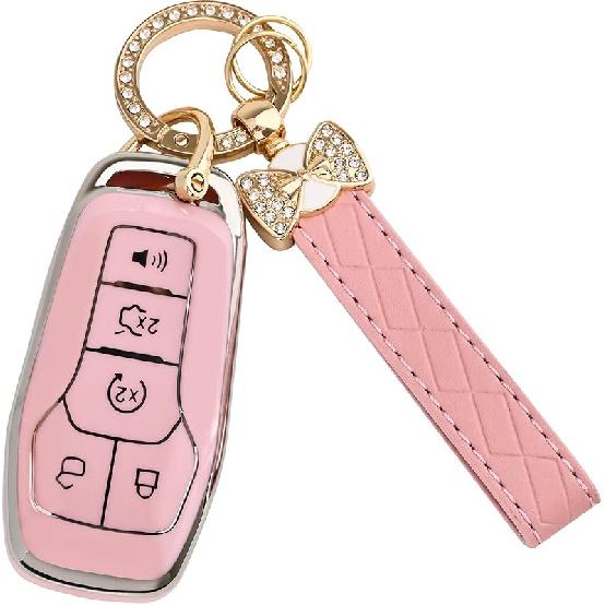 For Ford Key Fob Cover - Soft TPU Key Fob Case For Ford Edge Fusion Explorer Mustang Lincoln MKZ MKC MKX Smart Keyless Remote Key(Pink)