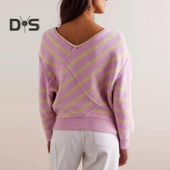 Женский свитер с длинным рукавом, полосатый, цветной, трикотажный свитер с V-образным вырезом, свободный пуловер, джемпер, топы, повседневная одежда