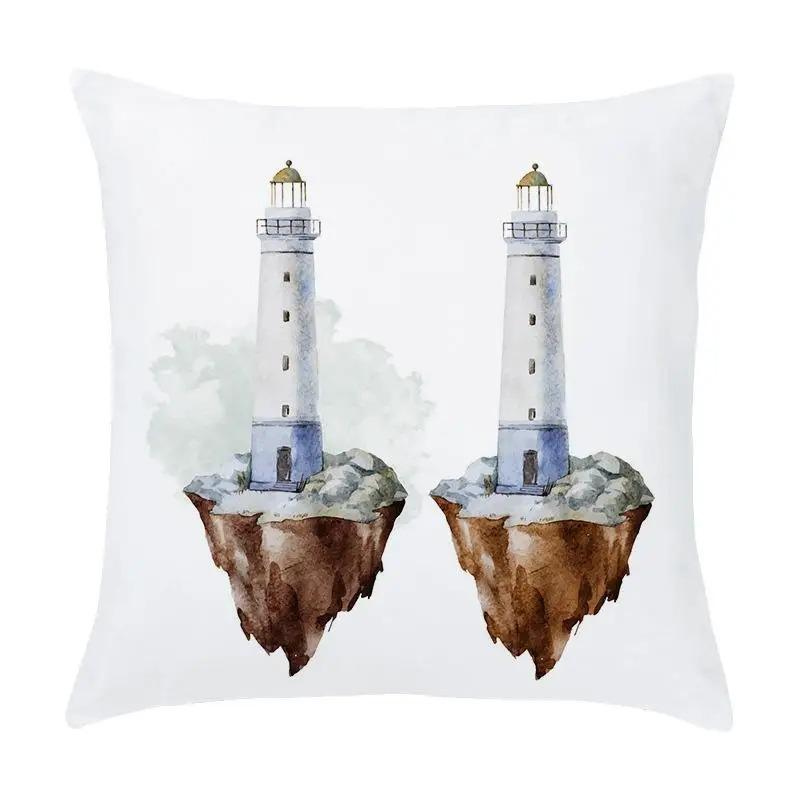 Cartoon Nautical Series Hot Air Balloon Lighthouse Print Pillow Cover Home Room Office Seat Living Room Sofa Cushion Cover