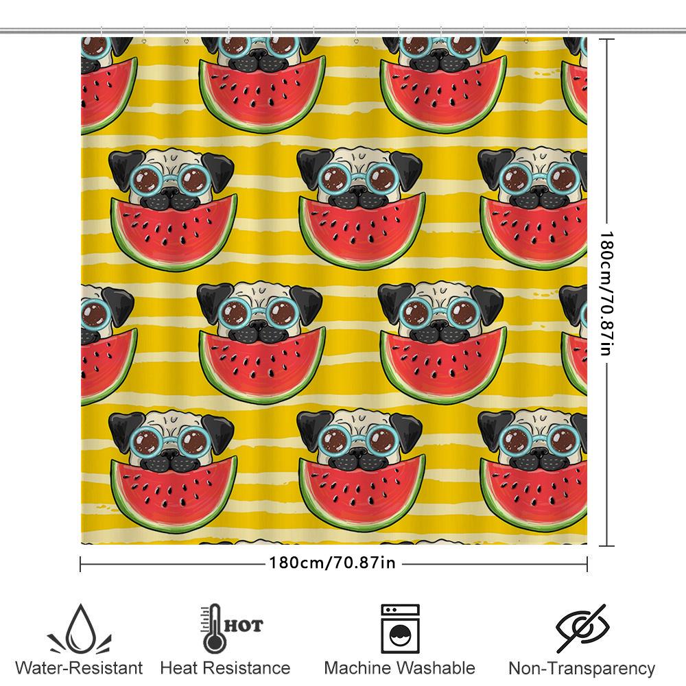 Whimsical Pug Watermelon Shower Curtain for Bathroom Decor Customizable Size Printed with HD Quality Fabric Yellow Series (240cm