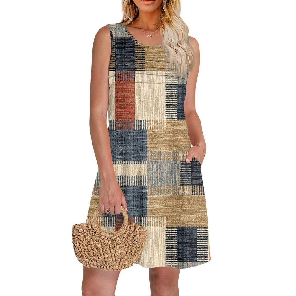 Женские летние платья с круглым вырезом, плиссировкой спереди, без рукавов, карманами, сарафаном, повседневным платьем