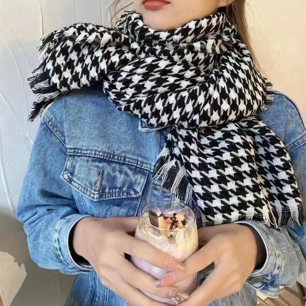 Women Winter Scarves Houndstooth Pattern Cashmere Pashmina Scarf With Tassel Female Fashion Warm Neck Scarf Shawl Wraps