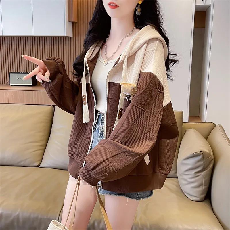 Женская куртка-худи в стиле пэчворк с декором в виде плюшевого мишки, повседневные толстовки на молнии