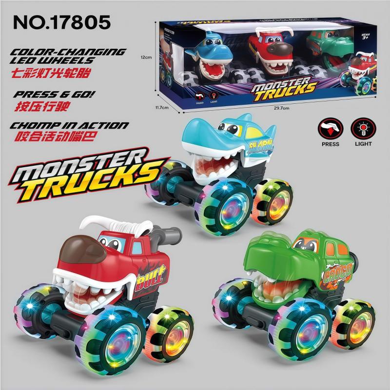 HX Press & Light Up Monster Truck Toy, Inertia Powered Off-Road Vehicle with Rolling Wheels Lights, Shark/Crocodile/Dinosaur/Bull King Model