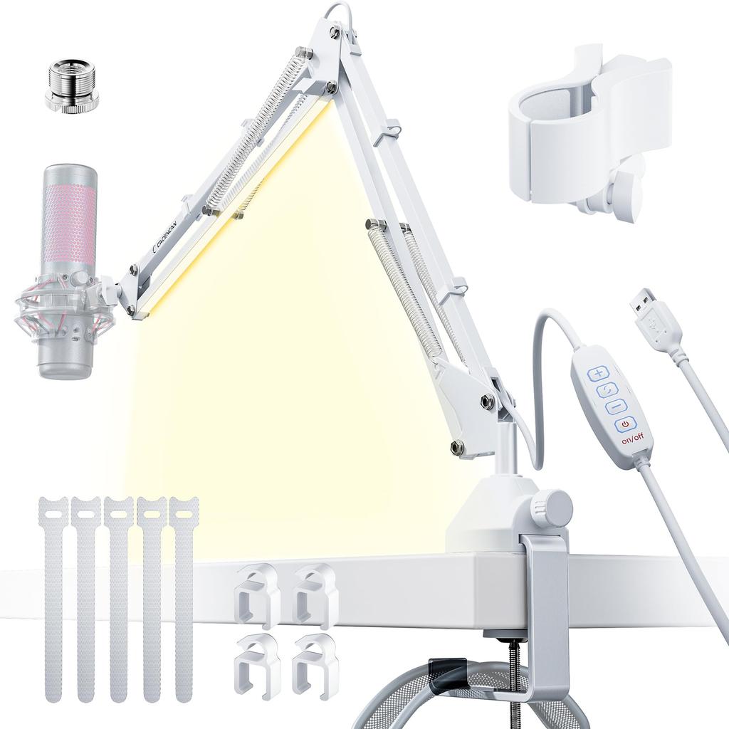 CACENCAN Microphone Arm Microphone Stand Desktop LED Light Desk Lamp Arm Light LED Gentle on the Eyes Warm Microphone Boom Arm with Conversion Screw