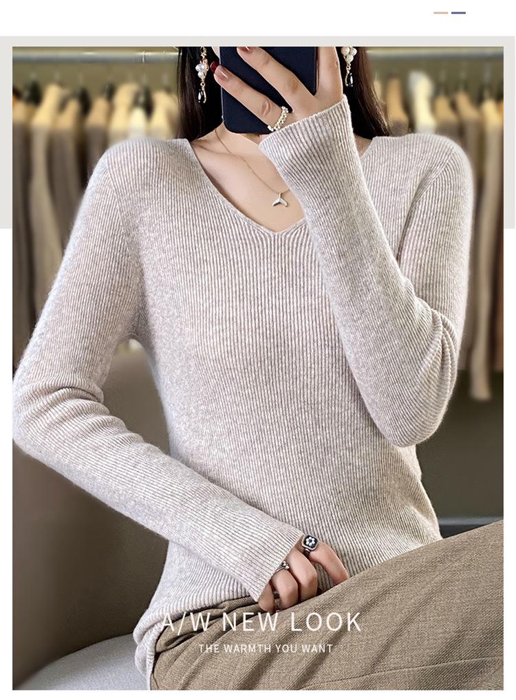 2024 Spring/Autumn Women's Slim Fit V-Neck Long Sleeve Knitwear - Korean Style Trendy Base Layer