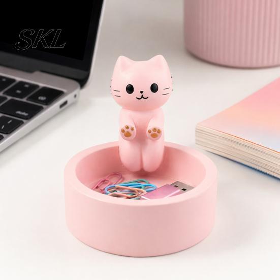Small Jewelry Storage Box Cute Cat Tray, with Deep Plate Slot, Pink Matte Finish Holder Resin Decorative Ornament, for Dressing Table And Keys