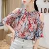 Элегантная женская шифоновая рубашка с открытыми плечами и цветочным принтом, женская летняя корейская блузка с короткими рукавами и свободным топом Blusas