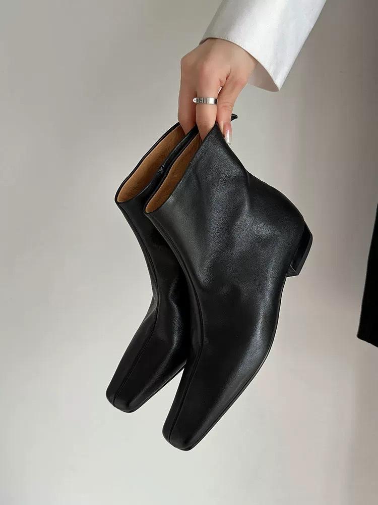 Французский простой стиль квадратный носок маленькие ботильоны на плоской подошве тонкие ботинки задняя молния короткие ботинки женские осень и зима новые универсальные ботинки Мартин