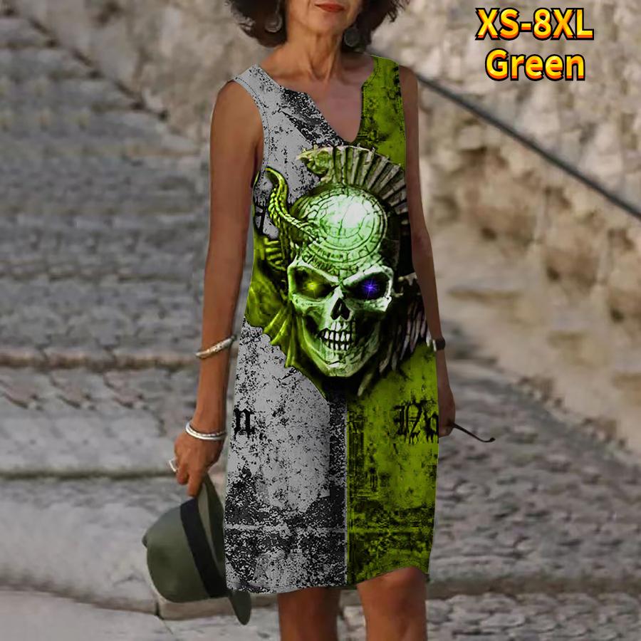 Женское летнее черно-серое платье с v-образным вырезом и принтом головы черепа, повседневное модное платье без рукавов, повседневные свободные сексуальные платья размера плюс XS-8XL