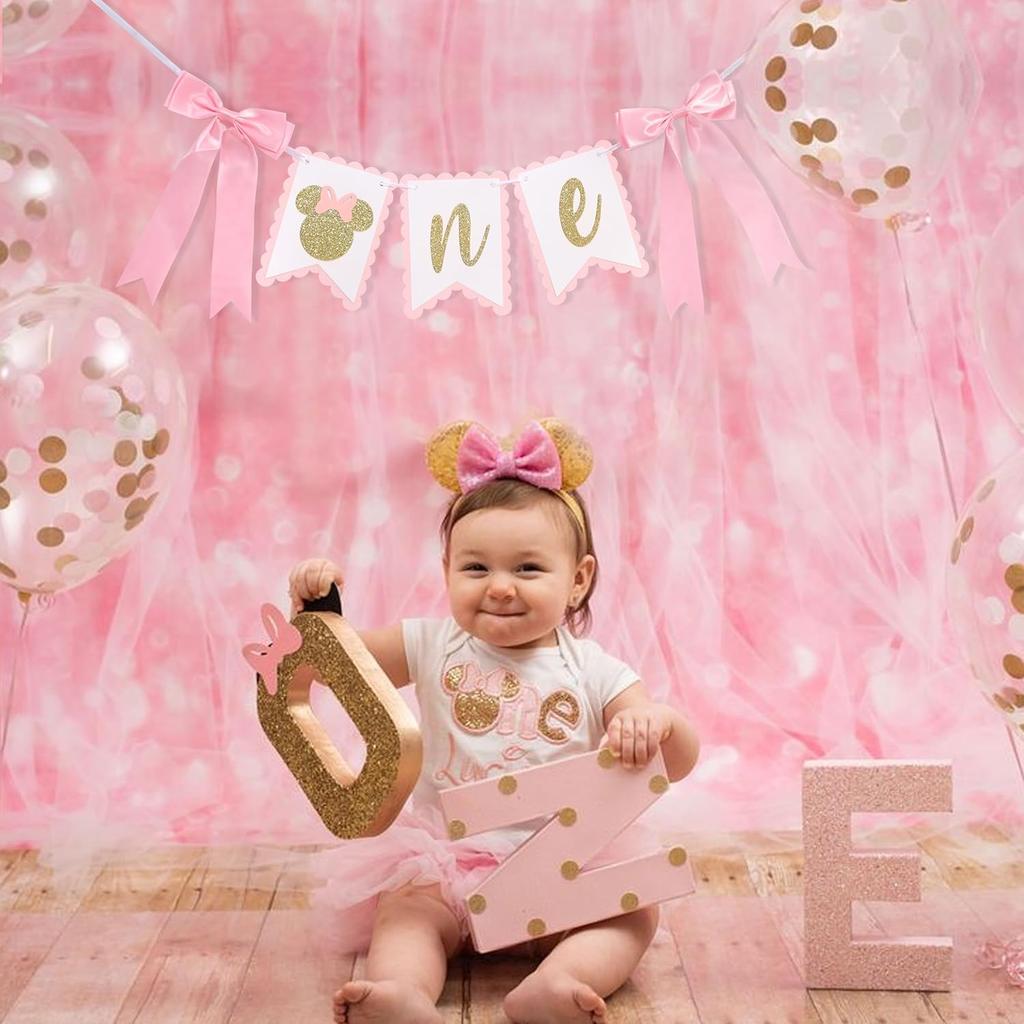 Mouse One High Chair Banner - Mouse First/1st Birthday Decorations,Pink And Gold Banner, Bow Girl 1st Pink Decor (mouse-1)